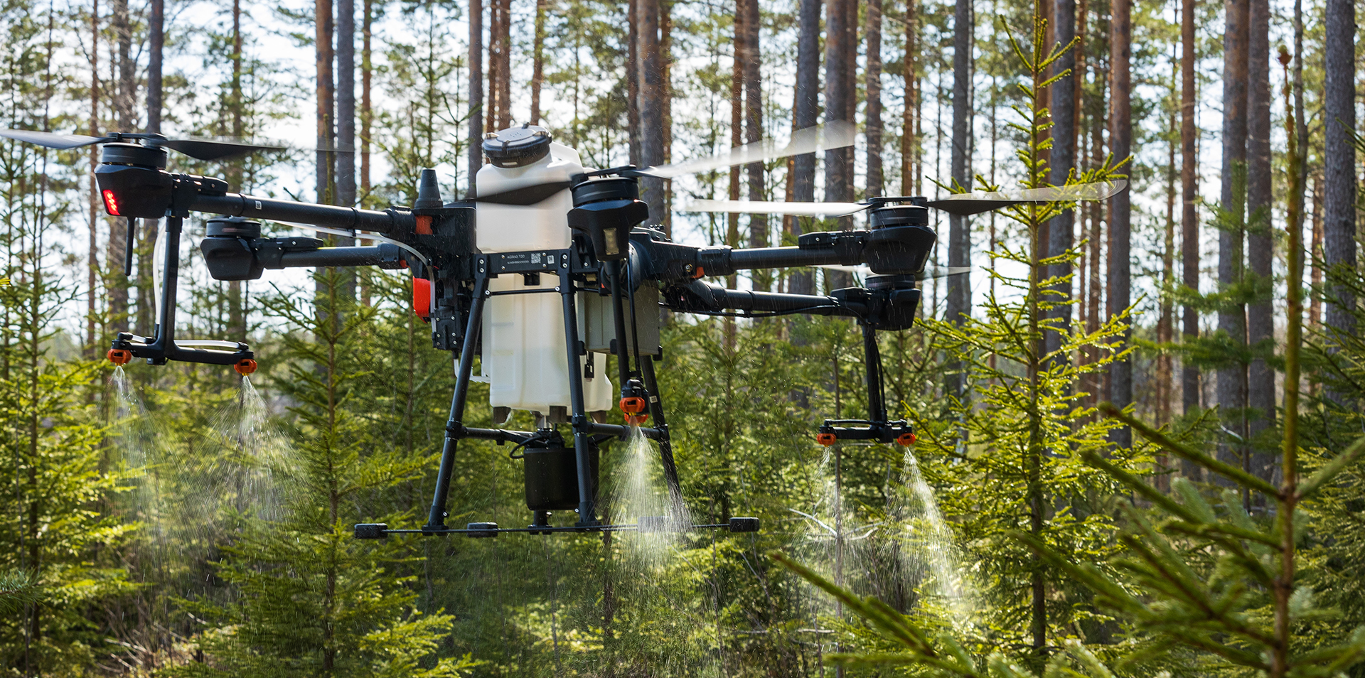 Drooni levittää lannoitetta metsään.