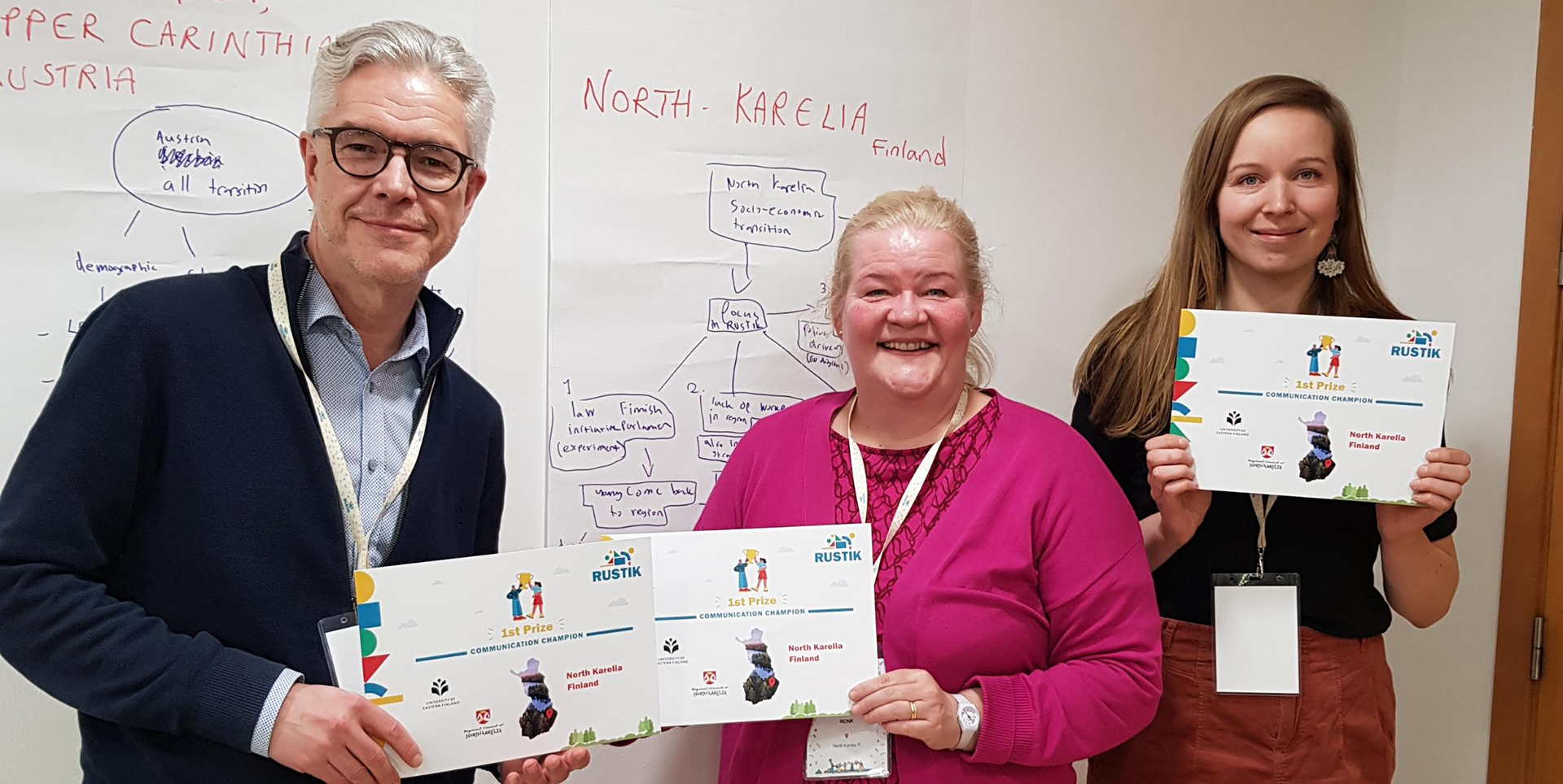 Kolme henkilöä fläppitaulun luona suunnittelemassa Pohjois-Karjalan asioita.